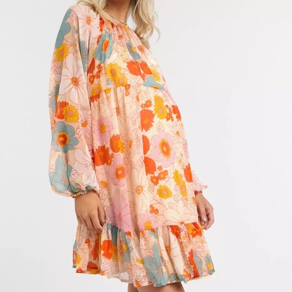 ASOS DESIGN Maternity tiered smock mini dress in retro floral print size US 24 - Picture 1 of 4